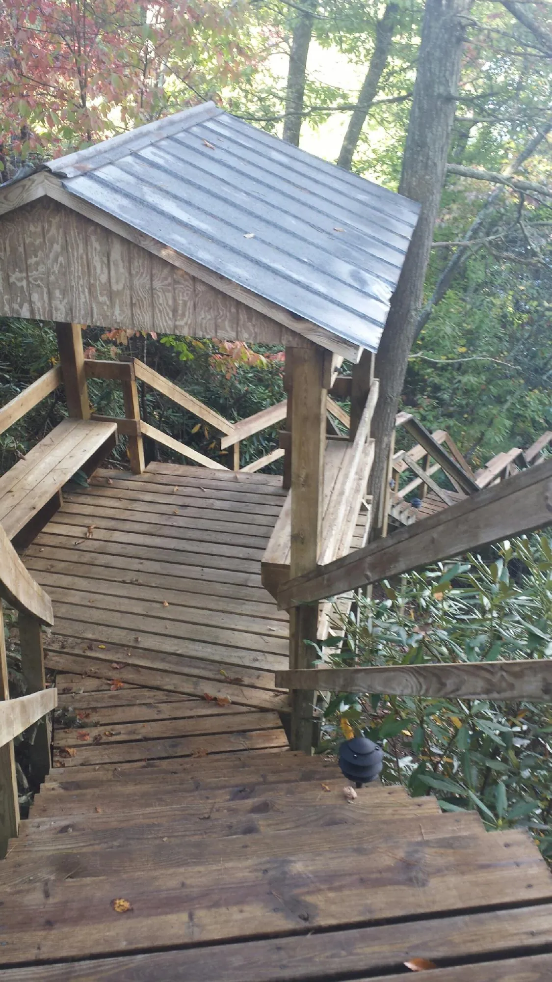 Metal roofed shelter over wooden steps on a wooded walkway — Skylight Repair & Installation work by our crew in Rockfield